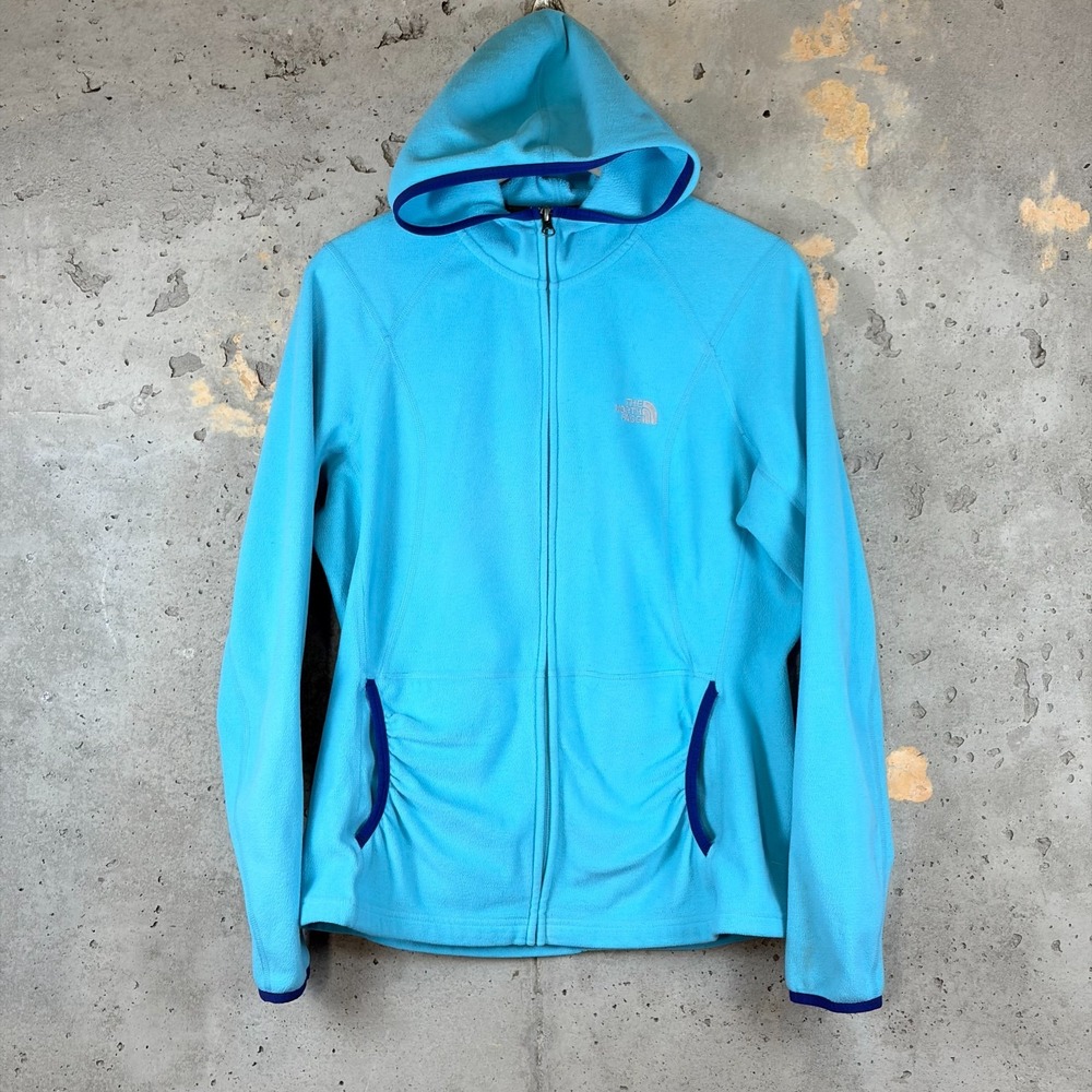 The North Face Fleece Jacket Womens XL Blue Logo Pockets Hooded Full Zip Winter